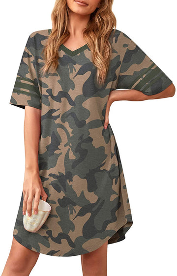 Women's Nightgown Soft Sleep Shirt V Neck Short Sleeve Loungewear Loose Comfy NightShirts